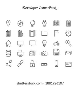 Icon pack for developers with 30 different and varied pieces in black and white line