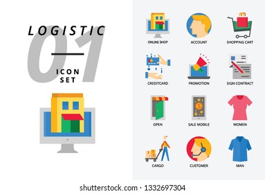 Icon pack for e-commerce, online shop, account, shopping cart, pay credit, promotion, sign contract, shop open, sale mobile, women cloth, cargo, customer, man cloth.