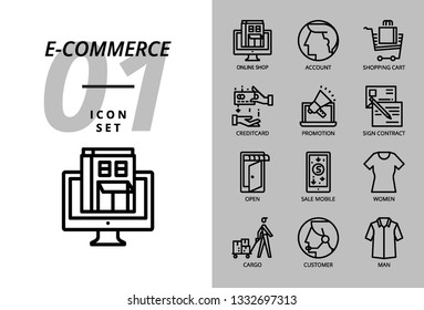 Icon pack for e-commerce, online shop, account, shopping cart, pay credit, promotion, sign contract, shop open, sale mobile, women cloth, cargo, customer, man cloth.