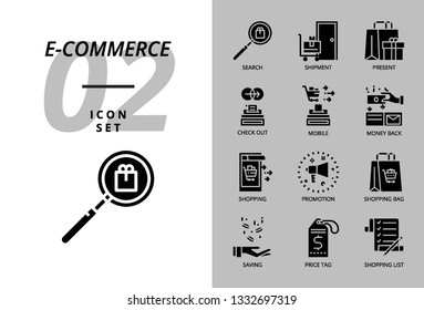Icon pack for e-commerce, search, shipment, present, check out, mobile, money back, man clothing, promotion, shopping bag, shopping.