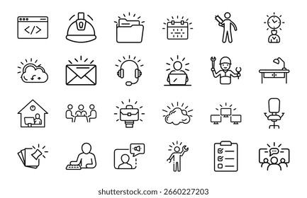 An icon pack featuring a diverse range of outline symbols for business, technology, productivity, and professional services.