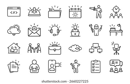 An icon pack featuring a diverse range of outline symbols for business, technology, productivity, and professional services.