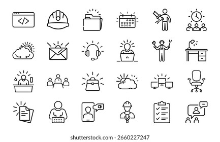 An icon pack featuring a diverse range of outline symbols for business, technology, productivity, and professional services.