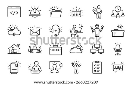 An icon pack featuring a diverse range of outline symbols for business, technology, productivity, and professional services.