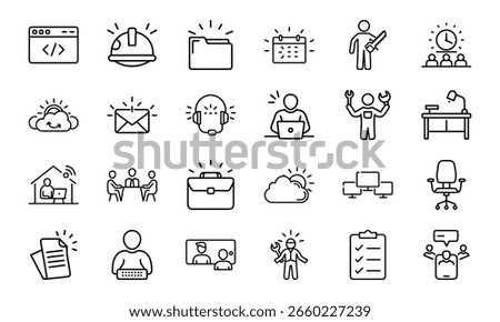 An icon pack featuring a diverse range of outline symbols for business, technology, productivity, and professional services.