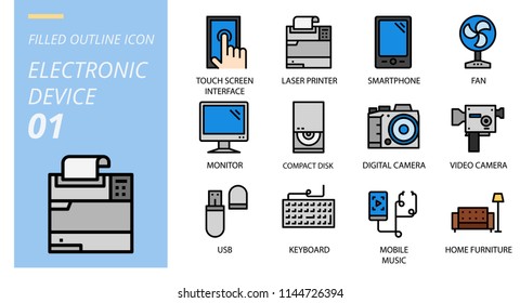 Icon pack filled style. Icons for electronic device,touch screen interface,laser printer,smartphone,fan,monitor,compact disk,digital camera,video camera,usb,keyboard,mobile music,home furniture.
