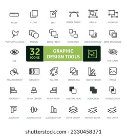 Paquete de iconos de herramientas de diseño gráfico para expresar tu creatividad digital. Iconos de línea delgada configurados. Iconos vectoriales simples
