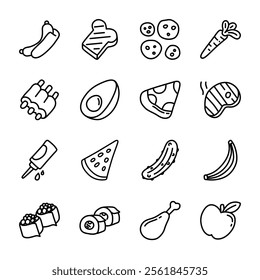 Icon pack line style of delicious and tasty street food featuring hotdogs, toast and pizza