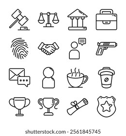 Icon pack line style of law and order illustrations, featuring gavels, scales, court buildings