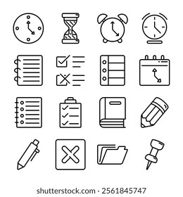 Icon pack line style of schedule and agenda including clocks, notes, calendars