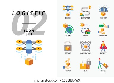 Icon pack for logistics , drone delivery, destination, keep dry, global logistic, home, purchase, secure, delivery time, protect, delivery, safe, trolly.