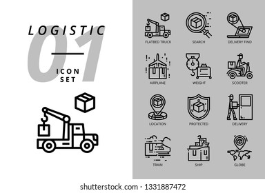 Icon pack for logistics , flatbed truck, search product, delivery find, airplane, weight, scooter, location, protected, delivery, train, ship, globe location.