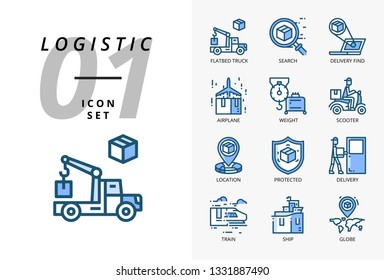Icon pack for logistics , flatbed truck, search product, delivery find, airplane, weight, scooter, location, protected, delivery, train, ship, globe location.