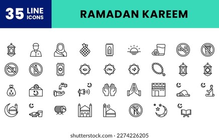 Paquete de iconos Ramadan Kareem, Ayuno, Día Islámico, Musulmán. Alá, Mahoma, Halal en árabe. archivo y color modificables.