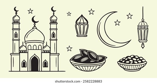 Icon Pack Ramadan Kareem, Fasting, Islamic Day, Muslim. Allah, Muhammad, Halal in Arabic. editable file and color.