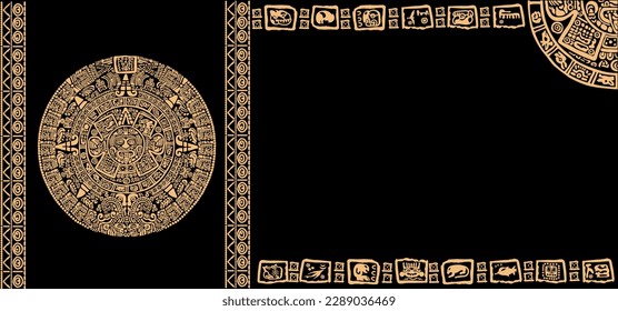 Icon Pack, symbols, letters, masks and pictures of the ancient Maya and Toltec civilization 
The Mayan alphabet. Mayan solar calendar on a black background.