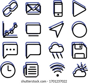 icon package, 16 icon set, play button, messenger, save, wifi, weather
