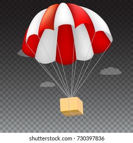 Icon of package flying on red parachute on a background of clouds. Air shipping, delivery service template, 3D illustration. Isolated on transparent backdrop