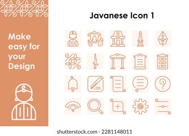 icon package with Javanese identity, contains various types of icons including batik, blangkon, Javanese, keris, kencana train, gate, monument, Javanese documents and so on. can be used for various ev