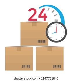 
An icon with packages and clock along with 24, a notion for 24 delivery service icon
