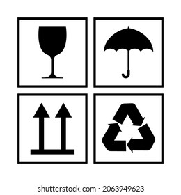 Icon for packaging. Symbol of care, fragile, glass, umbrella and recycle. Sticker for box of cargo. Sign for cardboard box. Parcel with warning icon. Logo for carton container. Isolated symbol. Vector