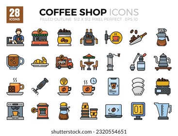 Icon packs of Coffee Shop (filled outline).
The collection includes icons of various aspects related to coffee shops, ranging from business and development to programming, web design, app design.
