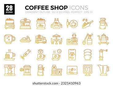 Icon packs of Coffee Shop (gradient outline).
The collection includes icons of various aspects related to coffee shops, ranging from business and development to programming, web design, app design.