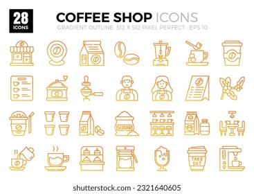 Icon packs of Coffee Shop (gradient outline).
The collection includes icons of various aspects related to coffee shops, ranging from business and development to programming, web design, app design.