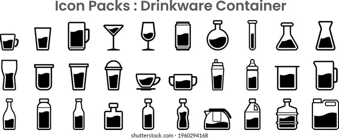 Icon packs of drinkware container and liquiq figure in black thin outline illustration vector