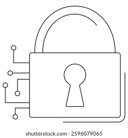Icon of a padlock with digital circuit elements, symbolizing encryption, privacy, and secure access. Vector illustration with thin black lines on a transparent background. Editable stroke thickness