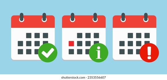 Icon page calendar - check, info, error. Mark yes, success, approved or confirm. Popup message - data idea or service. Pictogram alert, help, caution, danger or warning