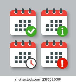 Icon page calendar - check, info, error and clock. Mark yes, success, approved. Popup message - data, service. Pictogram alert, help, caution or danger. Sign time, watch 24 hour or countdown