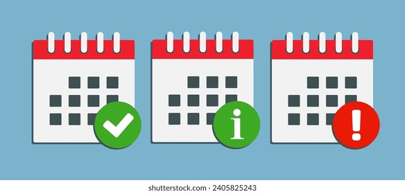 Icon page calendar - check, info, error. Mark yes, success, approved or confirm. Popup message - data idea or service. Pictogram alert, help, caution, danger or warning