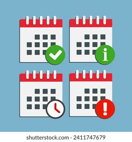 Icon page calendar - check, info, error and clock. Mark yes, success, approved. Popup message - data, service. Pictogram alert, help, caution or danger. Sign time, watch 24 hour or countdown