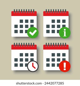Icon page calendar - check, info, error and clock. Mark yes, success, approved. Popup message - data, service. Pictogram alert, help, caution or danger. Sign time, watch 24 hour or countdown