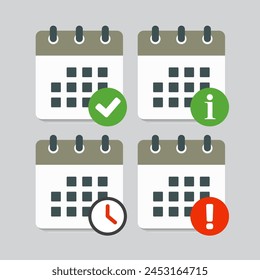 Icon page calendar - check, info, error and clock. Mark yes, success, approved. Popup message - data, service. Pictogram alert, help, caution or danger. Sign time, watch 24 hour or countdown