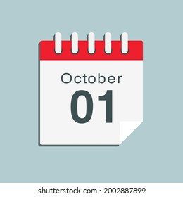 Icon page calendar day - 1 October. Date day week Sunday, Monday, Tuesday, Wednesday, Thursday, Friday, Saturday. 1th days of the month, vector illustration flat style. Autumn holidays in October