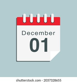 Icon page calendar day - 1 December. Date day week Sunday, Monday, Tuesday, Wednesday, Thursday, Friday, Saturday. 1th days of the month, vector illustration flat style. Winter holidays in December