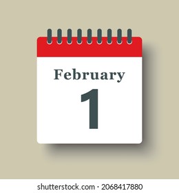 Icon page calendar day - 1 February. Date day week Sunday, Monday, Tuesday, Wednesday, Thursday, Friday, Saturday. 1th days of the month, vector illustration flat style. Winter holidays in February