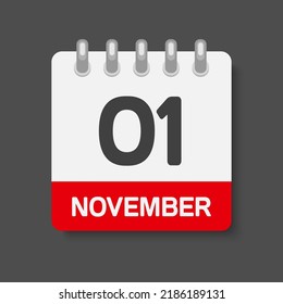 Icon page calendar day - 1 November. Days of the month, vector illustration flat style. 1th day week Sunday, Monday, Tuesday, Wednesday, Thursday, Friday, Saturday. Date autumn holidays in November