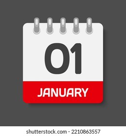 Icon page calendar day - 1 January. Days of the month, vector illustration flat style. 1th day of week Sunday, Monday, Tuesday, Wednesday, Thursday, Friday, Saturday. Date winter holidays in January