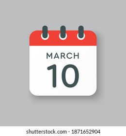 Icon page calendar day - 10 March. 10th days of the month, vector illustration flat style. Date day of week Sunday, Monday, Tuesday, Wednesday, Thursday, Friday, Saturday. Spring holidays in March