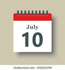 Icon page calendar day - 10 July. Date day of week Sunday, Monday, Tuesday, Wednesday, Thursday, Friday, Saturday. 10th days of the month, vector illustration flat style. Summer holidays in July