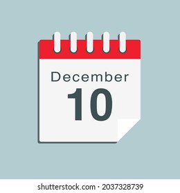 Icon page calendar day - 10 December. Date day week Sunday, Monday, Tuesday, Wednesday, Thursday, Friday, Saturday. 10th days of the month, vector illustration flat style. Winter holidays in December