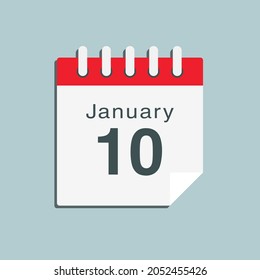 Icon page calendar day - 10 January. Date day week Sunday, Monday, Tuesday, Wednesday, Thursday, Friday, Saturday. 10th days of the month, vector illustration flat style. Winter holidays in January