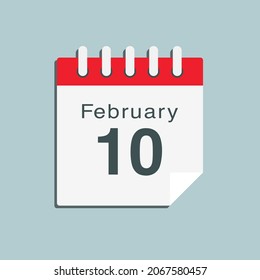 Icon page calendar day - 10 February. Date day week Sunday, Monday, Tuesday, Wednesday, Thursday, Friday, Saturday. 10th days of the month, vector illustration flat style. Winter holidays in February