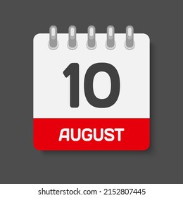 Icon page calendar day - 10 August. Days of the month, vector illustration flat style. 10th date day of week Sunday, Monday, Tuesday, Wednesday, Thursday, Friday, Saturday. Summer holidays in August