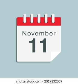 Icon page calendar day - 11 November. Date day week Sunday, Monday, Tuesday, Wednesday, Thursday, Friday, Saturday. 11th days of the month, vector illustration flat style. Autumn holidays in November