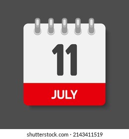 Icon page calendar day - 11 July. Days of the month, vector illustration flat style. 11th date day of week Sunday, Monday, Tuesday, Wednesday, Thursday, Friday, Saturday. Summer holidays in July