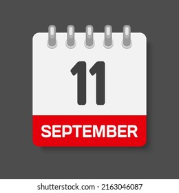 Icon page calendar day - 11 September. Days of the month, vector illustration flat. 11th day of week Sunday, Monday, Tuesday, Wednesday, Thursday, Friday, Saturday. Date autumn holidays in September